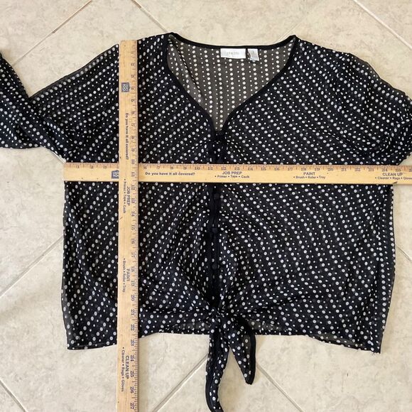 CHICO'S women 3 -XL black white Polka Dot sheer tie front poly blouse button up - Picture 6 of 13